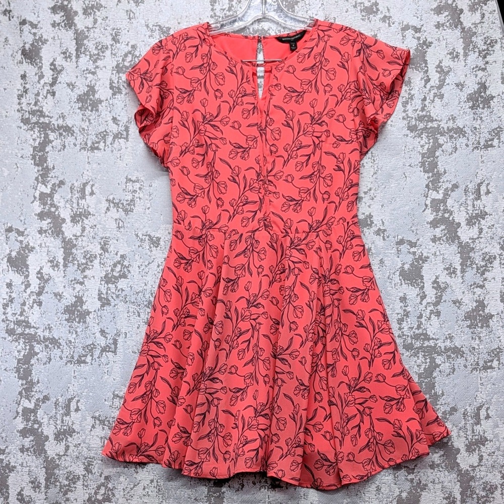 Banana Republic Petite 4 Coral Pink Black Floral Fit Flare Flutter Sleeve Dress